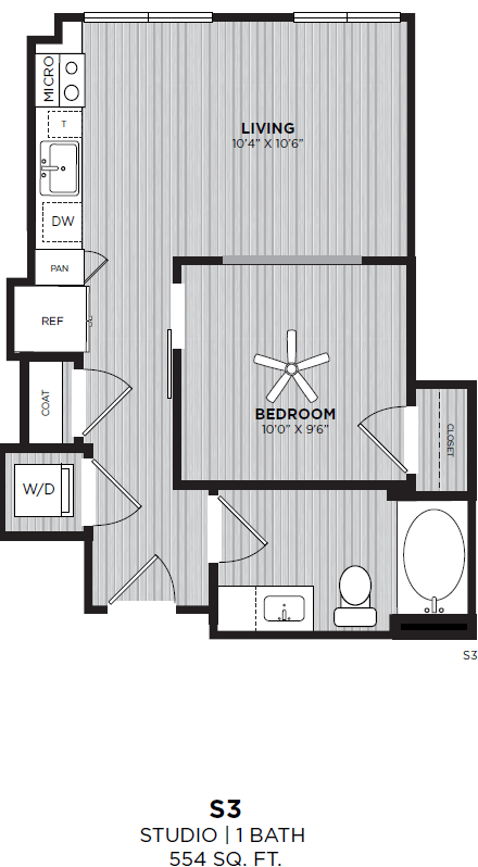 A floor plan for a studio apartment with a living room, bedroom, and bathroom.